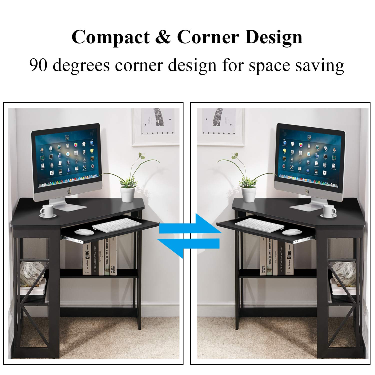 VECELO Corner Desk Computer Desk Writing Table with Smooth Keyboard Tray & Storage Shelves,Compact Home Office Triangle Table,Black