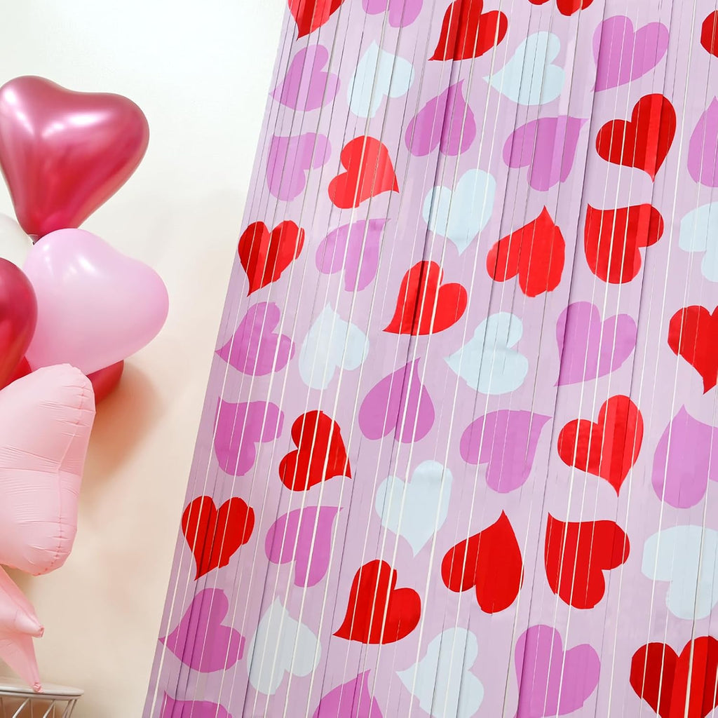 Mega-L Birthday Party Decorations - 2 Pack Red, Pink & White Heart Foil Fringe Curtains | 3.3x6.6 ft Tinsel Backdrop