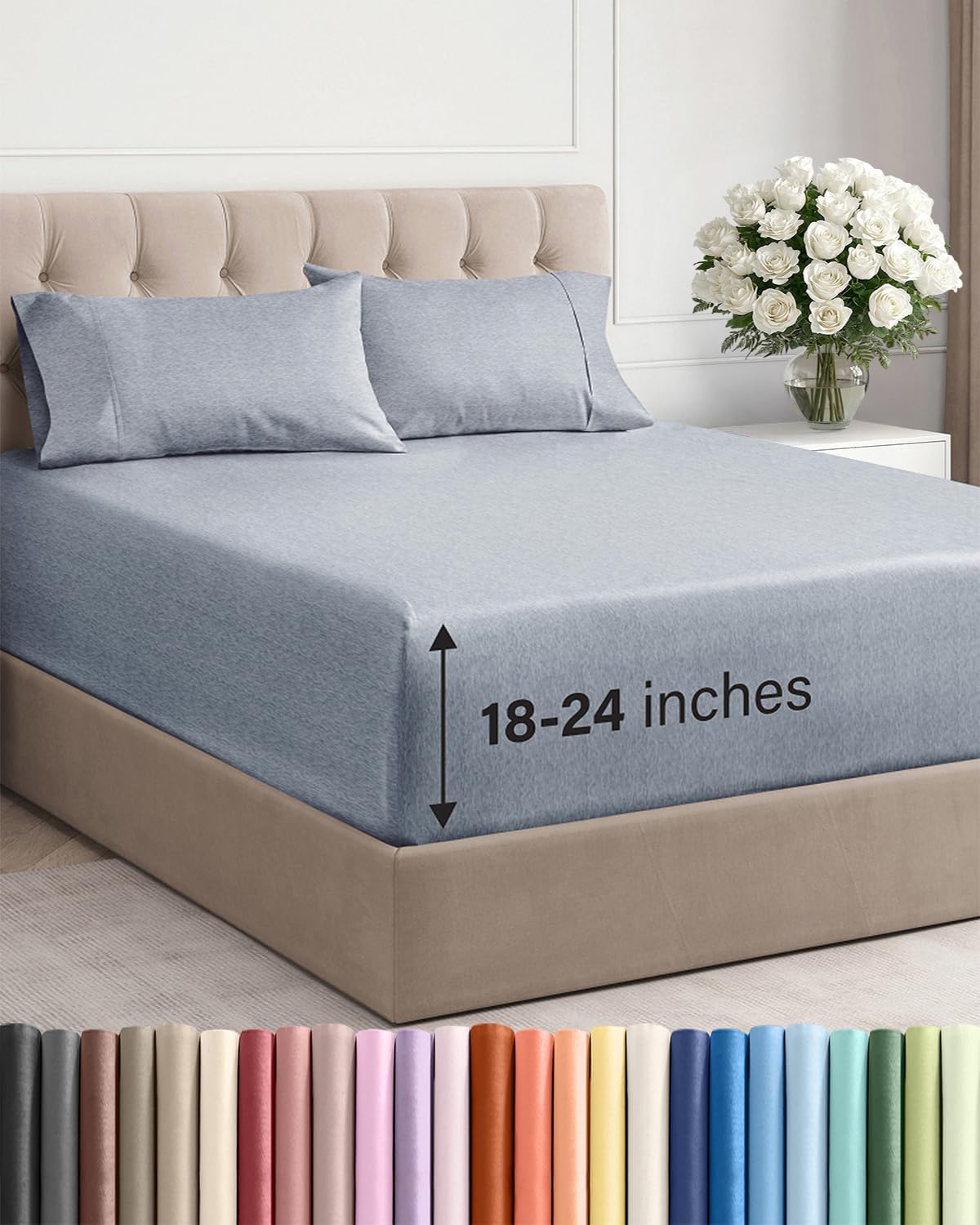 Skiennix Extra Deep Twin Sheet Set - 4 Piece Breathable Cooling Bedding - Soft Wrinkle-Free Heathered Blue