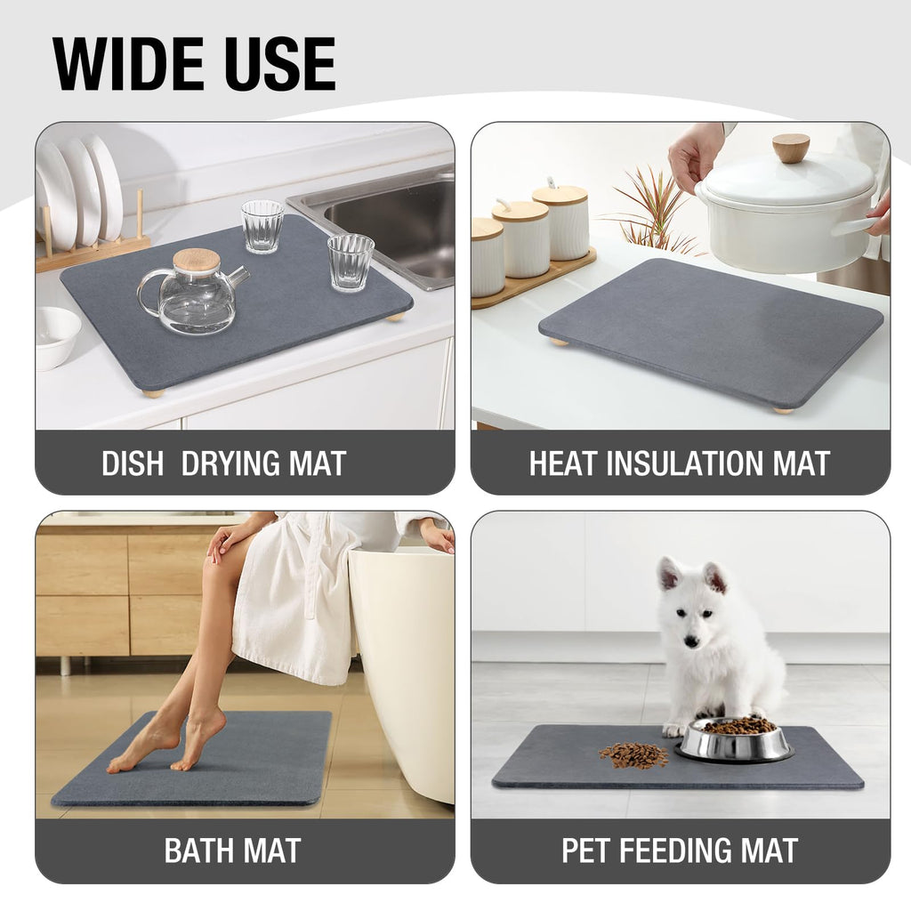 Large Stone Dish Drying Mat for Kitchen Counter, 18"×14" Quick Dry Super Absorbent Eco-Friendly Diatomaceous Earth Stone Mat with hemisphere wooden feet, Non-slip, Heat Resistant, Multi-purpose mats