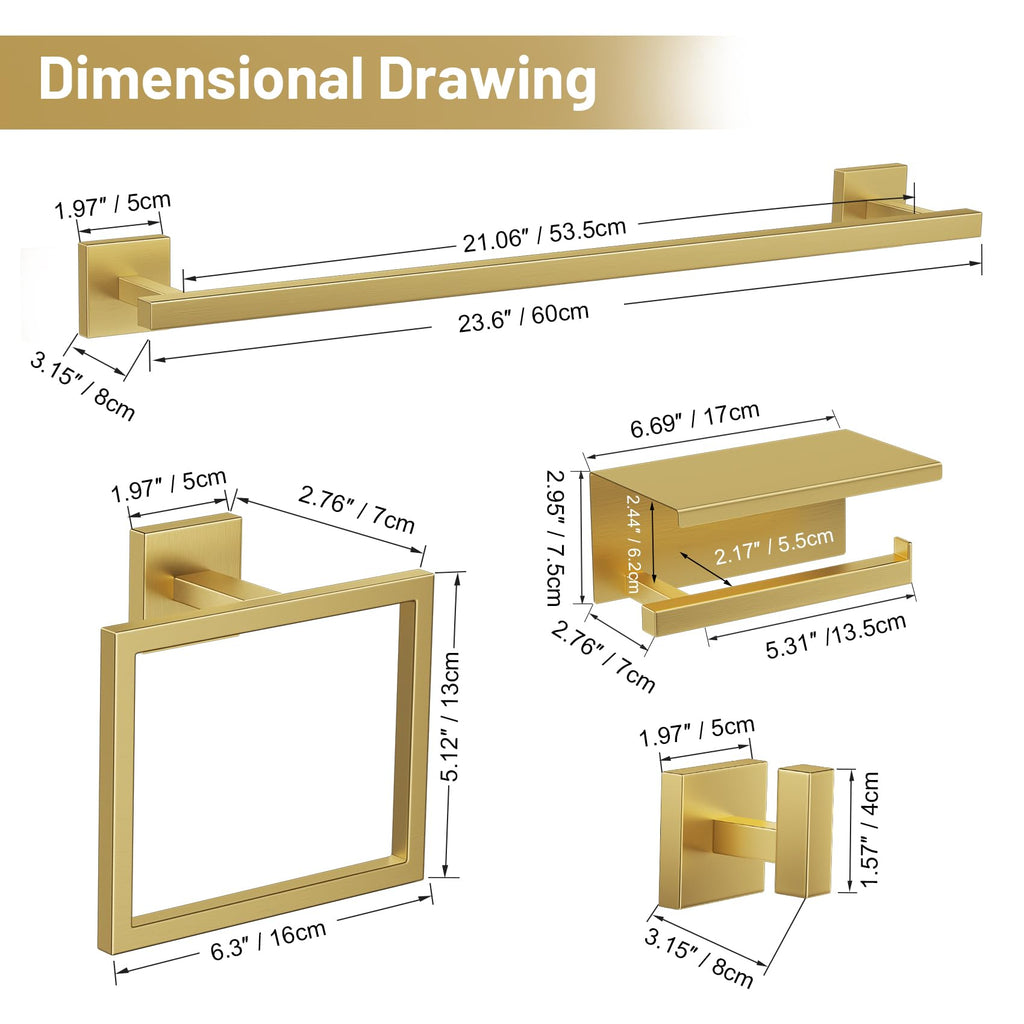 TURS Brushed Gold 5 Pieces Bathroom Hardware Set, SUS304 Stainless Steel 23.6 Inch Bath Towel Bar Set, Square Bathroom Accessories Kit Wall Mounted