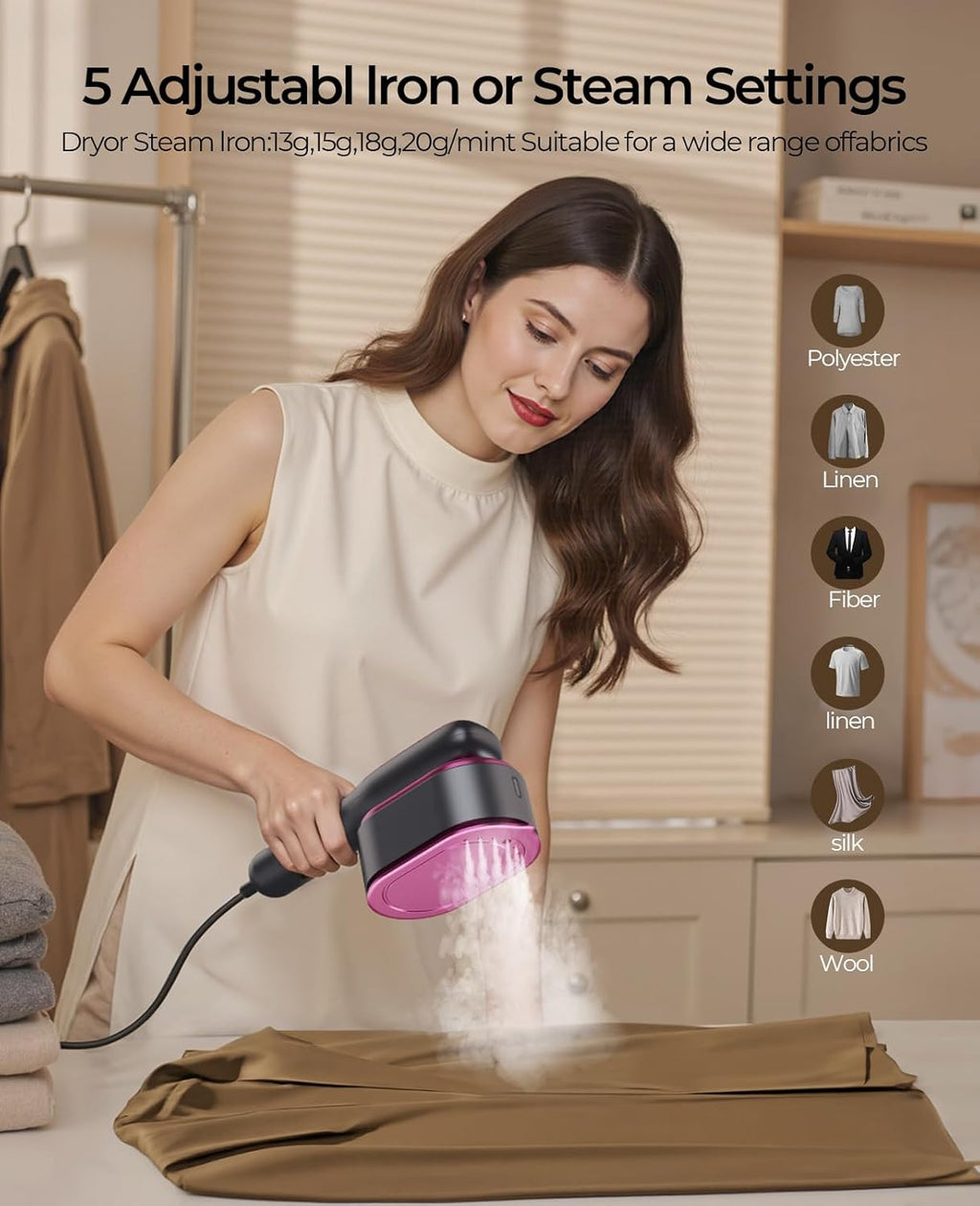 Skiennix Portable Travel Steamer - 2-in-1 Mini Handheld Iron with Fast 15s Heat Up - Purple Pink Color