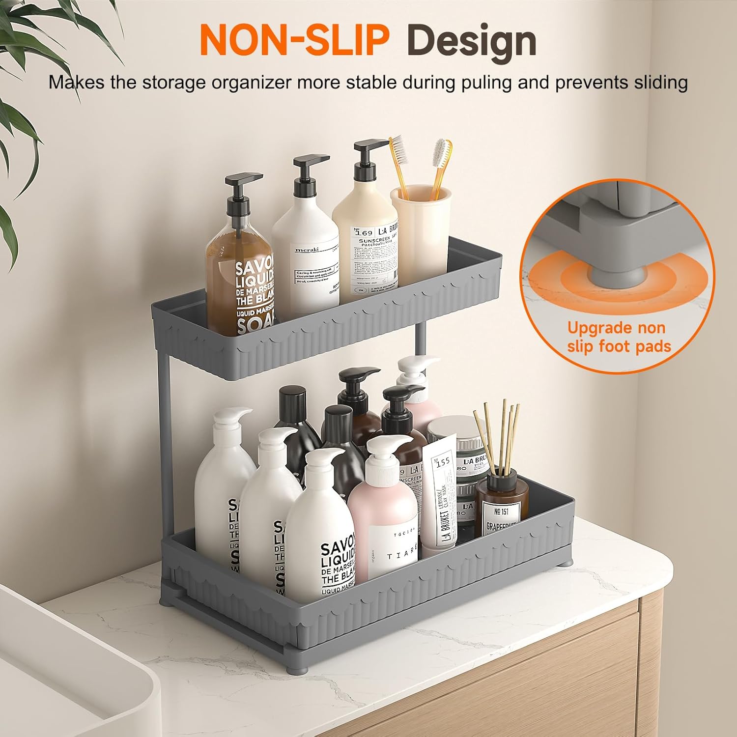 Sevenblue Under Sink Organizer - 3 Pack L-Shaped Pull-Out Storage for Bathroom & Kitchen (Grey, 12.85 Inch)