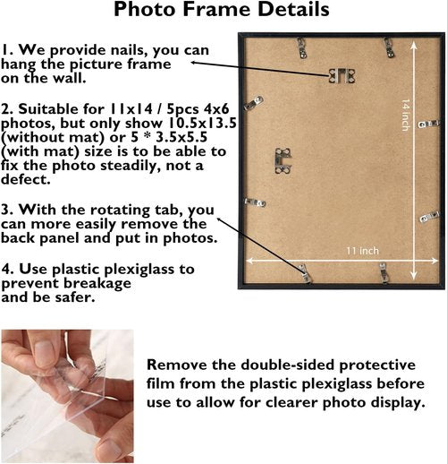 JCJMY 11x14 Picture Frame - Stylish 4-Opening Collage Frame for 4x6 Photos | Lightweight Black Design