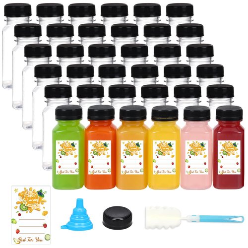 BAKHUK 36pcs 6oz Empty Plastic Juice Bottles with Caps, Reusable Clear Bulk Beverage Containers for Juice, Milk and Other Beverages