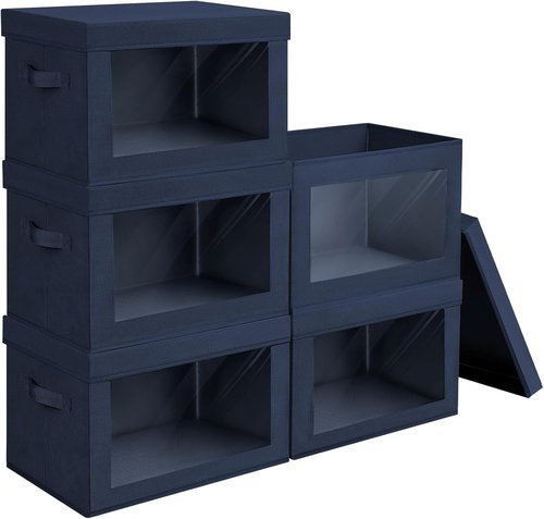 Homsorout Stackable Storage Bins - Medium Foldable Closet Organizers with Lids, 5-Pack, Navy Blue