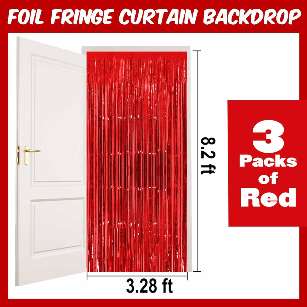 Red Foil Fringe Curtains by [Brand Name] - 3 Pack Metallic Streamers for Photo Booth & Party Decor | 3.28 x 8.2 Ft