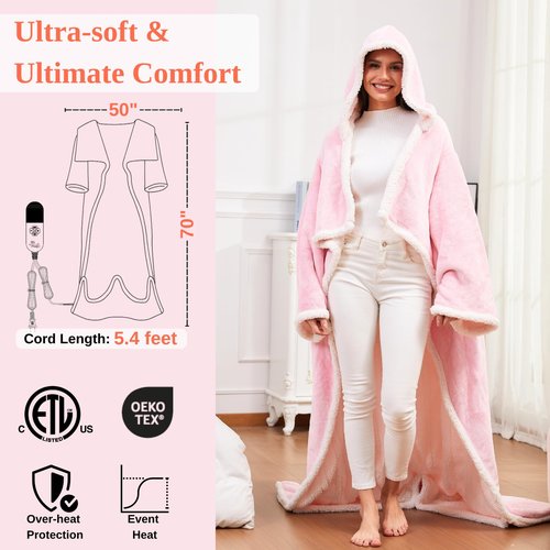 Klaggie Wearable Heated Blanket with Foot Pocket Sleeves, Heated Robe Heated Snuggie, 6 Heating Levels 4 Hours Auto-Off, Overheat Protection Machine Washable, 50”x70”, Pink