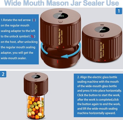 LOVE MOMENT Electric Mason Jar Vacuum Sealer Kit - Ideal for Wide & Regular Mouth Jars - Brown