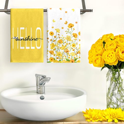 LIOQUN Yellow Flower Summer Hand Towel Set of 2, Hello Sunshine Hand Towels, 18x26 Inch, Daisy Flower Towel for Bathroom Home Kitchen, Soft Towel Spring Summer Holiday Decoration