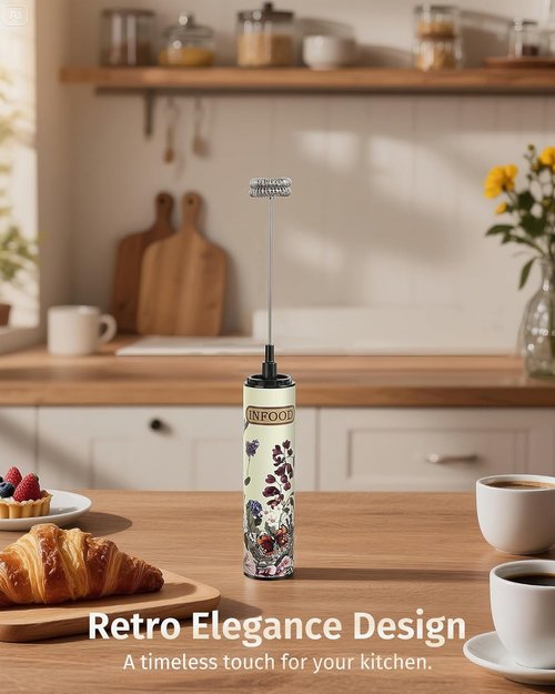 INFOOD Rechargeable Milk Frother - Handheld Coffee Mixer with 2 Detachable Whisks & Adjustable Speeds | Vintage Floral Design