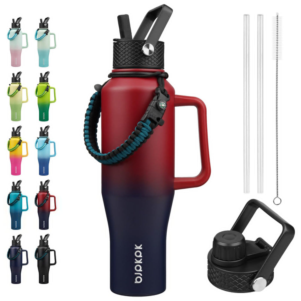 BJPKPK Insulated Water Bottles with Straw Lid, 40oz Metal Water Bottle with 2 lids & Paracord Strap, Double Wall Stainless Steel Tumbler with Handle, Reusable Cups, Mugs, Thermo, Charming Red