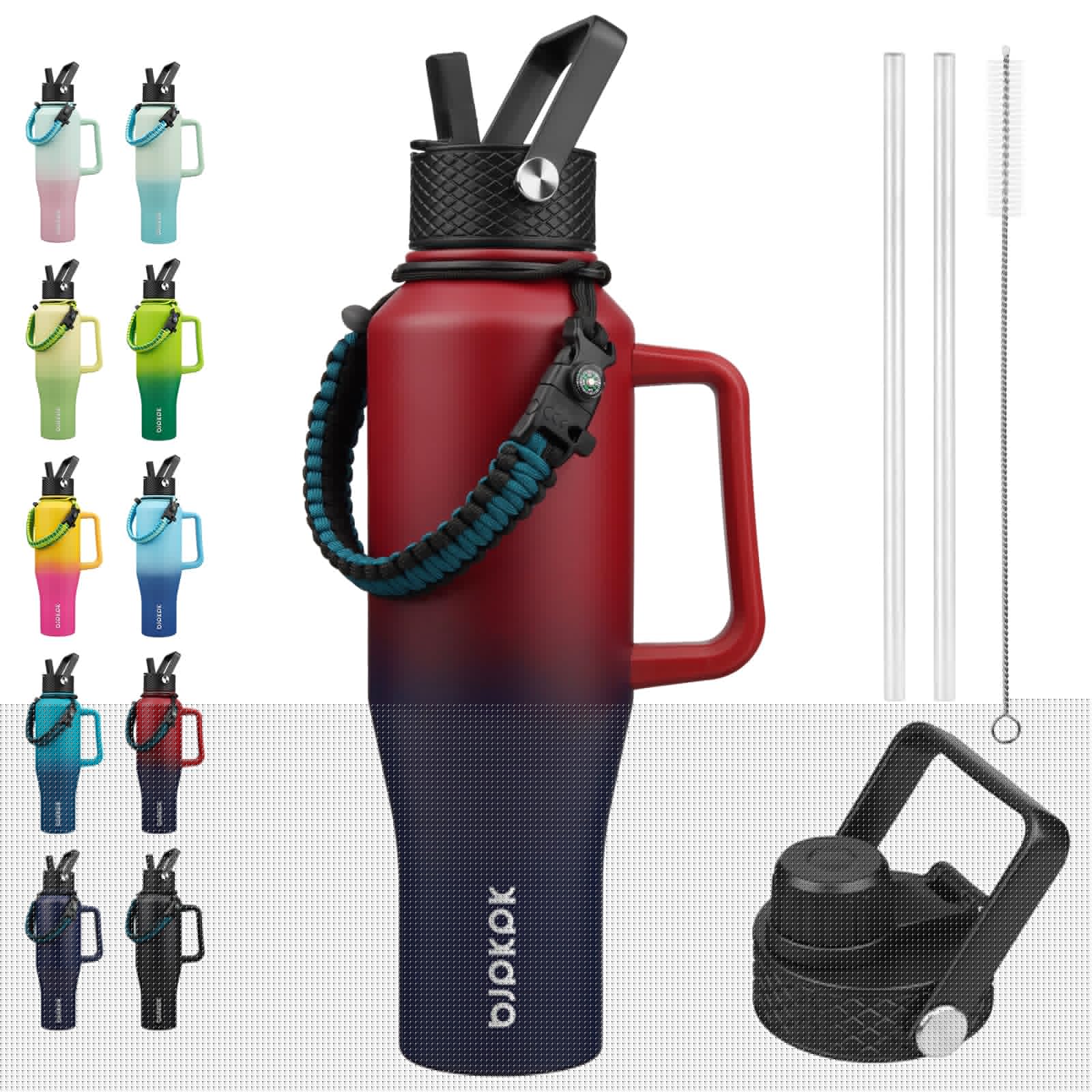 BJPKPK Insulated Water Bottles with Straw Lid, 40oz Metal Water Bottle with 2 lids & Paracord Strap, Double Wall Stainless Steel Tumbler with Handle, Reusable Cups, Mugs, Thermo, Charming Red