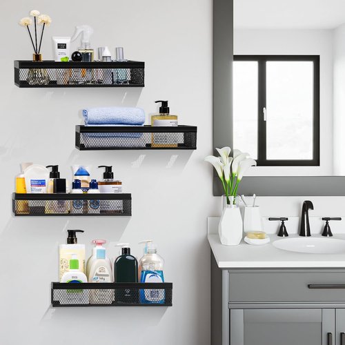 Wetheny Hanging Wall Mount Storage Baskets with Adhesive Hooks & Screwing, Metal Wire Organizer Baskets for Home Decor, Kitchen, Bathroom, Pantry, Laundry, Closet, Garage, RV Black 2 Packs (Netting)