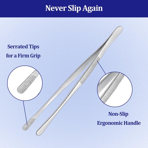 12-inch Stainless Steel Cooking Tongs & Tweezers, Non-Slip Grip & Serrated Tips for Grilling, Baking, Garnishing, BBQ, Kitchen & Craft Use (Round Tip)