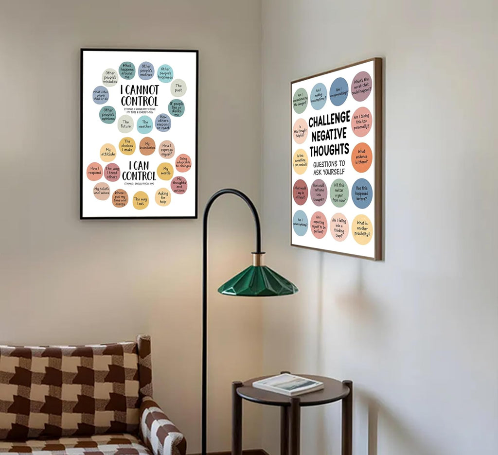 2Pcs Mental Health Wall Art - Motivational Canvas Prints for Challenging Negative Thoughts | 12x16in Unframed Decor