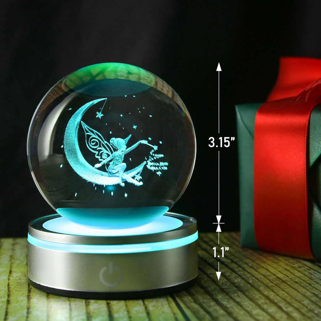 3D Crystal Ball Moon Decor Light - Laser Engraved Glass Sphere Fairy Gift for Women & Girls | 80mm