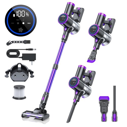 Bieiao Cordless Vacuum Cleaner, Stick Vacuum with LED Display, 2 Modes 6 in 1 Lightweight Rechargeable Cordless Stick Vacuum with 40Min Detachable Battery Vacuum Cleaner for Home Hard Floor Carpet