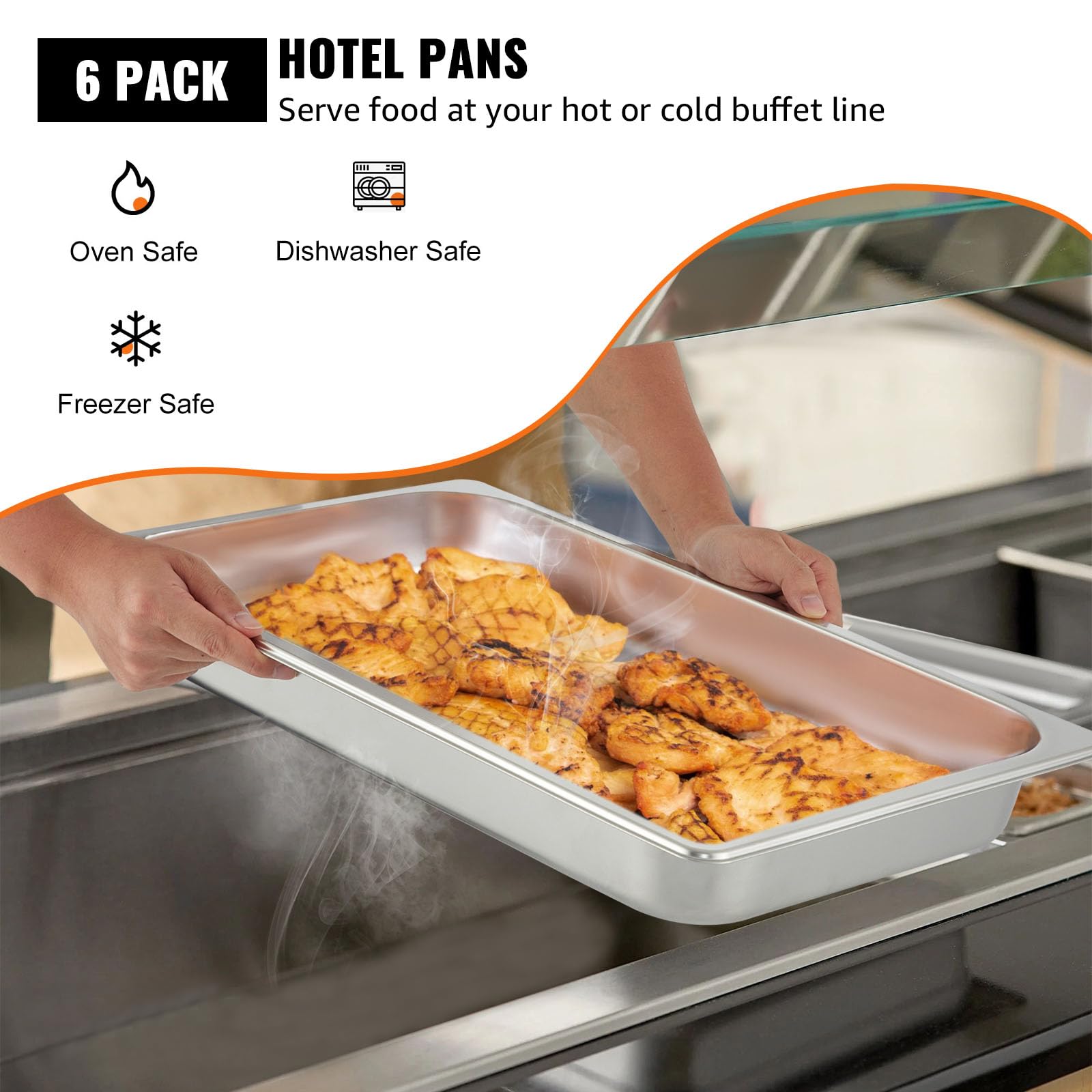 VEVOR Hotel Pans Full Size 2.5 Inch Deep, Steam Table Pans 6 Pack,0.8mm Thick Stainless Steel Hotel Pan Anti Jam Steam Table Pan, for Home, Party, Restaurant, Hotel, Buffet