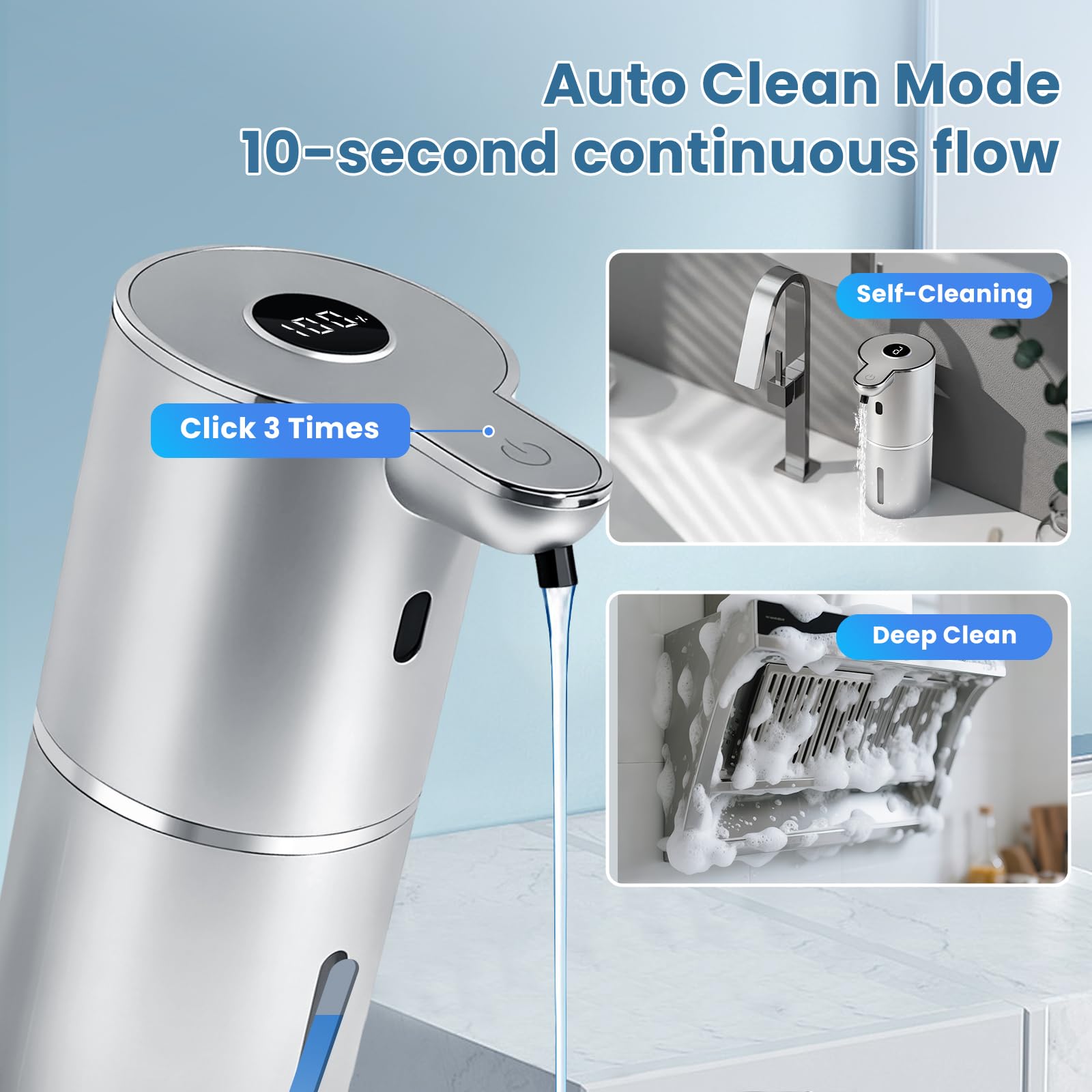 Automatic Soap Dispenser, Touchless Liquid Soap Dispensers, USB Rechargeable, 6-Level Adjustable Volume Control, 12.8oz/380ml, Wall Mount for Kitchen, Bathroom, Free Liquid Dispenser Stickers (Silver)