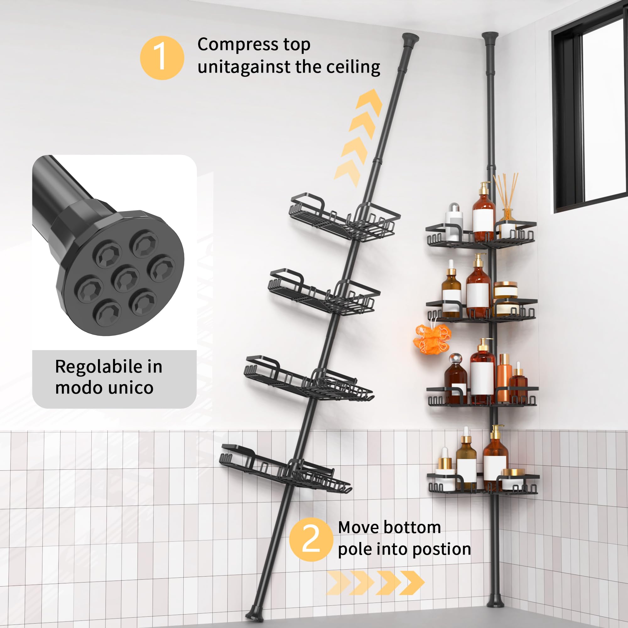 Tension Pole Shower Caddy 5x Stability, Adjustable Floor to Ceiling Shower Organizer, Standing Shower Tension Rod Shelves, 4 Tier Storage Shelves with 2 Soap Holders/Hanging or Adhesive, 25in-114in