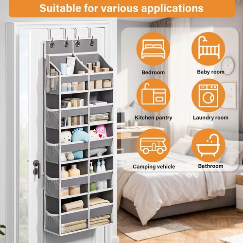 Abiglifty 5-Tier Over The Door Organizer with 10 Side Pockets, Large Behind The Door Storage, 4 Hooks Design, Door Organizer with Clear Windows for Bathroom, Bedroom, Nursery, Entryway(Grey)