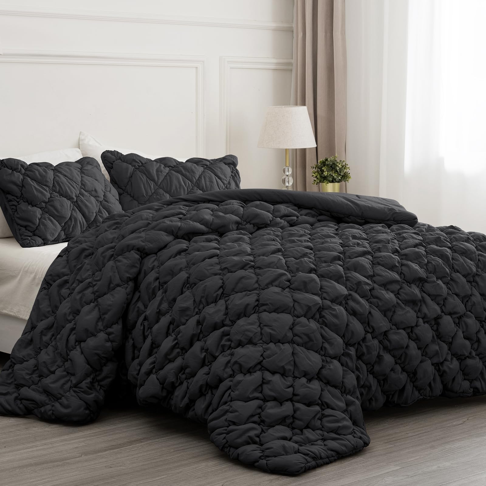 PHF Diamond Marshmallow Puff Comforter Set Queen Size, 3 Pieces Ultra Soft Lightweight Bedding Set for All Season, Pattern Textured 1 Comforter with 2 Pillow Shams, Black