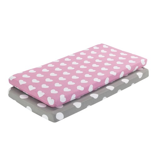 EVERYDAY KIDS 2 Pack Baby Cradle Sheets - Fitted Set for Baby Girl; 100% Cotton Jersey Knit, Breathable and Soft Cradle Mattress Pad Cover; Pink and White Heart Design Sheet and Gray Polka Dots Sheet