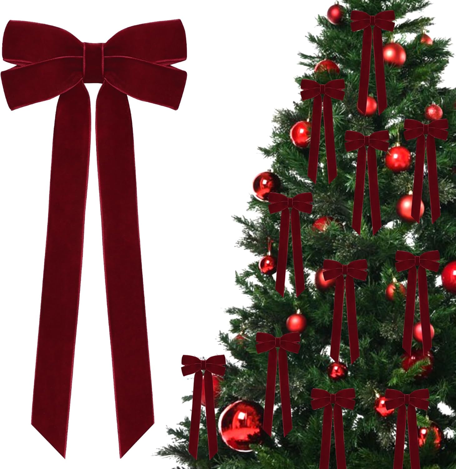 Skiennix 12Pcs Burgundy Velvet Ribbon Bows - 5in x 10in Xmas Tree Ornaments for Holiday Decor