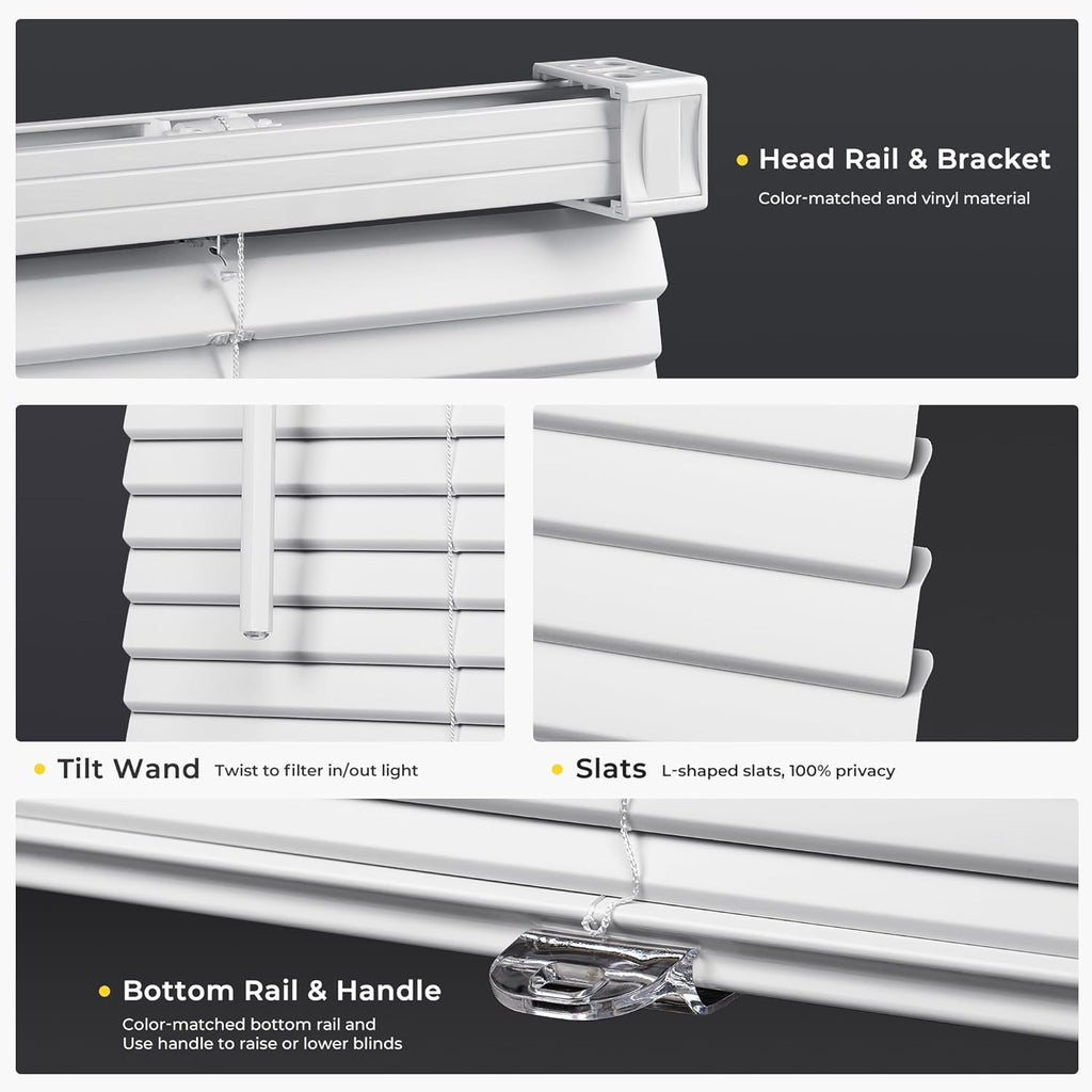 UNISHADES Cordless Mini Blinds - 1" Vinyl L-Shaped Slats for Indoor Windows, 20" W × 36" H - White