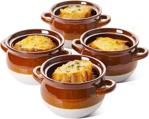 LE TAUCI French Onion Soup Bowls - 22 Ounce Ceramic Crocks with Handles | Oven Safe Set of 4 for Soup & Stews