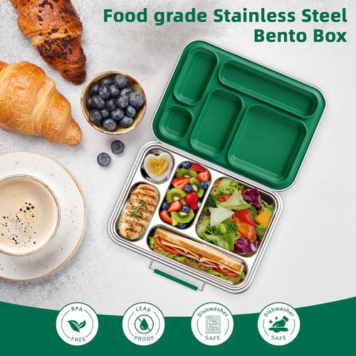 Qtyatvmoto Stainless Steel Bento Box for Adults, 31.6 oz Leakproof 5-Compartment Metal Lunch Box with 2 Containers, BPA-Free Food Container for Work Office Picnic, Dishwasher Safe Green