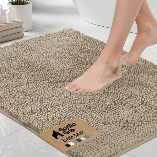 GORILLA GRIP Bath Rug Mat - Thick Absorbent Chenille | Quick Dry Microfiber, 48x24, Gray Beige