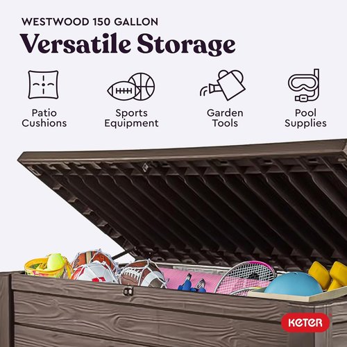 Keter Westwood 150 Gallon Deck Box - Large Brown Outdoor Storage & 2-Person Bench Seat with Lockable Lid