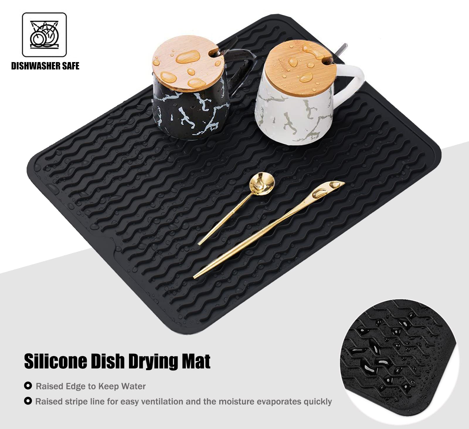 Large 24" x 18" Silicone Dish Drying Mat for Kitchen Counter, Easy clean, Quick Dry, Heat-resistant Dish Drainer Mat for Sink,Refrigerator or Drawer liner (Food Grade Silicone-Black)
