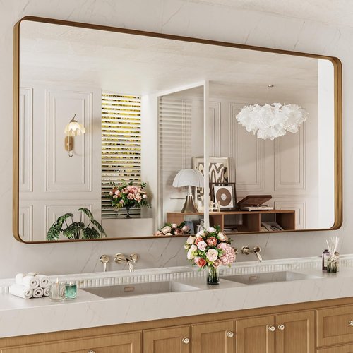 LOAAO Bathroom Mirror - 77x36 Inch Rounded Rectangle with Wood Grain Metal Frame | Anti-Rust, Versatile Hanging Options