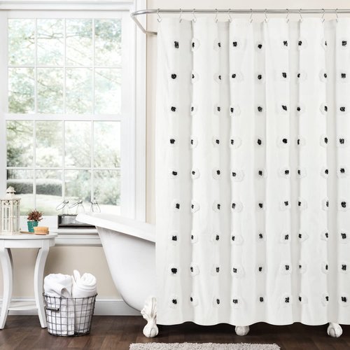 Lush Decor Boho Circle Tufted Yarn Dyed Eco-Friendly Recycled Cotton Shower Curtain, 72" x 72", Black
