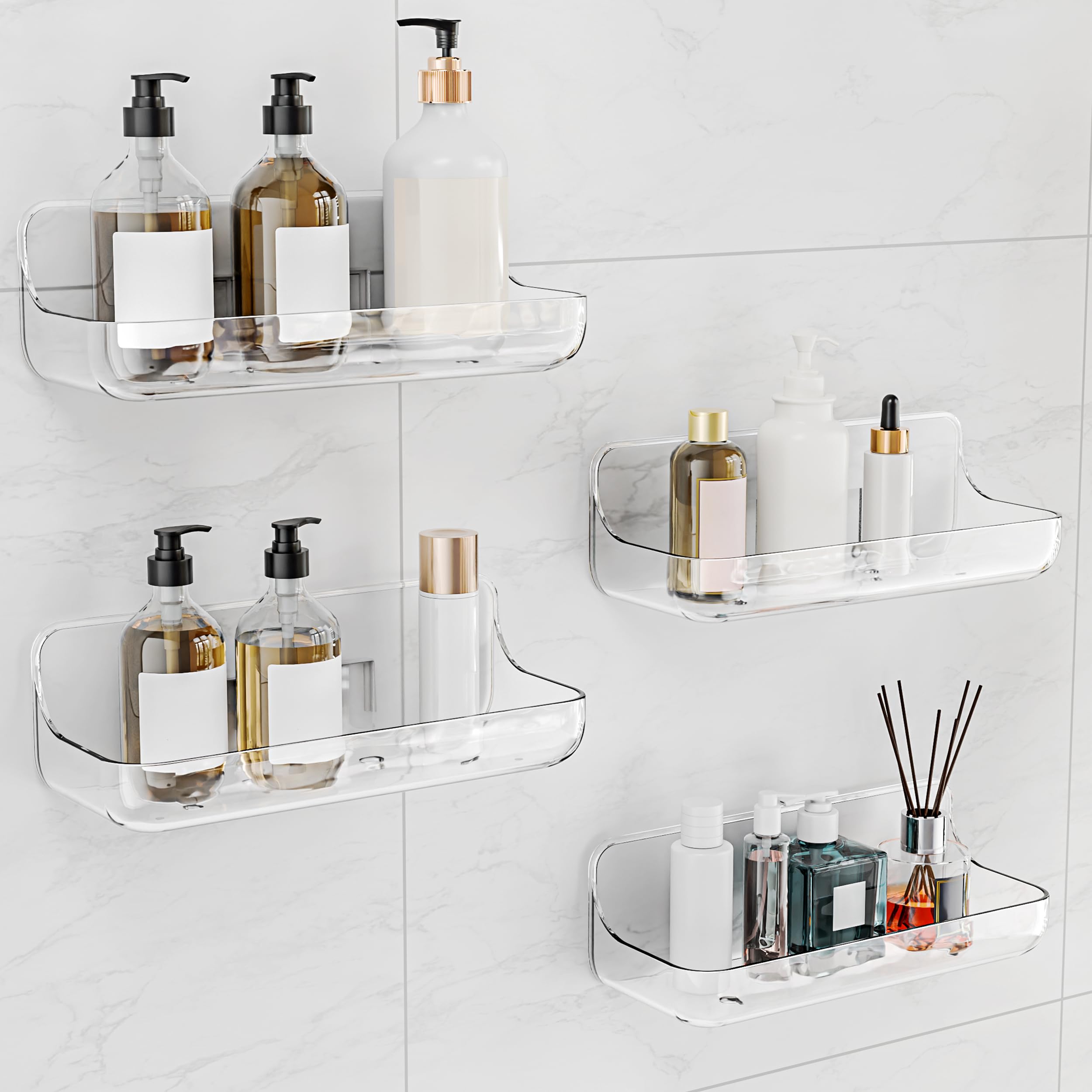 Kawfle Adhesive Shower Caddy, 4 Pack Acrylic Bathroom Shelves, No Drill Wall Mount Organizer Storage Shelf