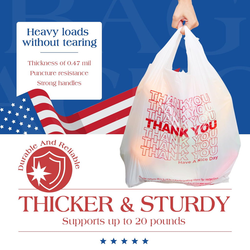 ACKO 1000 Count - Plastic T-shirt Bags with Handle, (11.5 x 6.5 x 21") 4 Gallon Thank You Bags for Grocery, Take Out, To Go, Retail Shopping Bag, Small Garbage Trash Bag for Home Office Kitchen