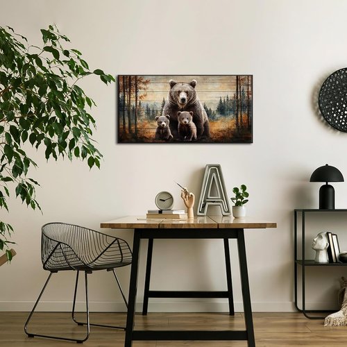 iKNOW FOTO Bear Family Canvas Print - Rustic Forest Wall Art with Black Floater Frame | 20x40'' Ready to Hang