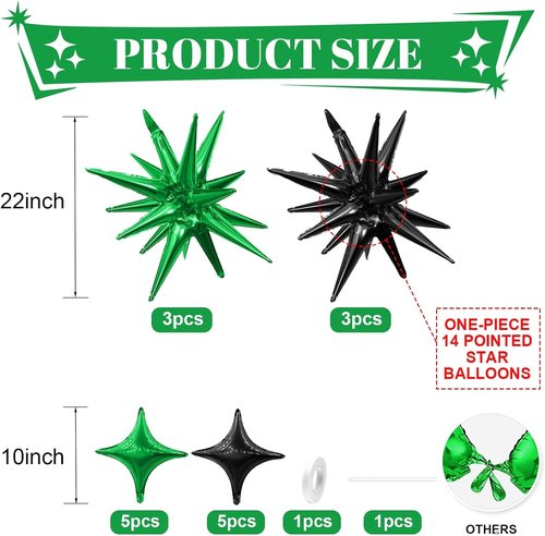 Black Green Star Balloon Set - 6 Pcs 22-Inch Explosion & 10 Pcs 10-Inch Balloons for Parties