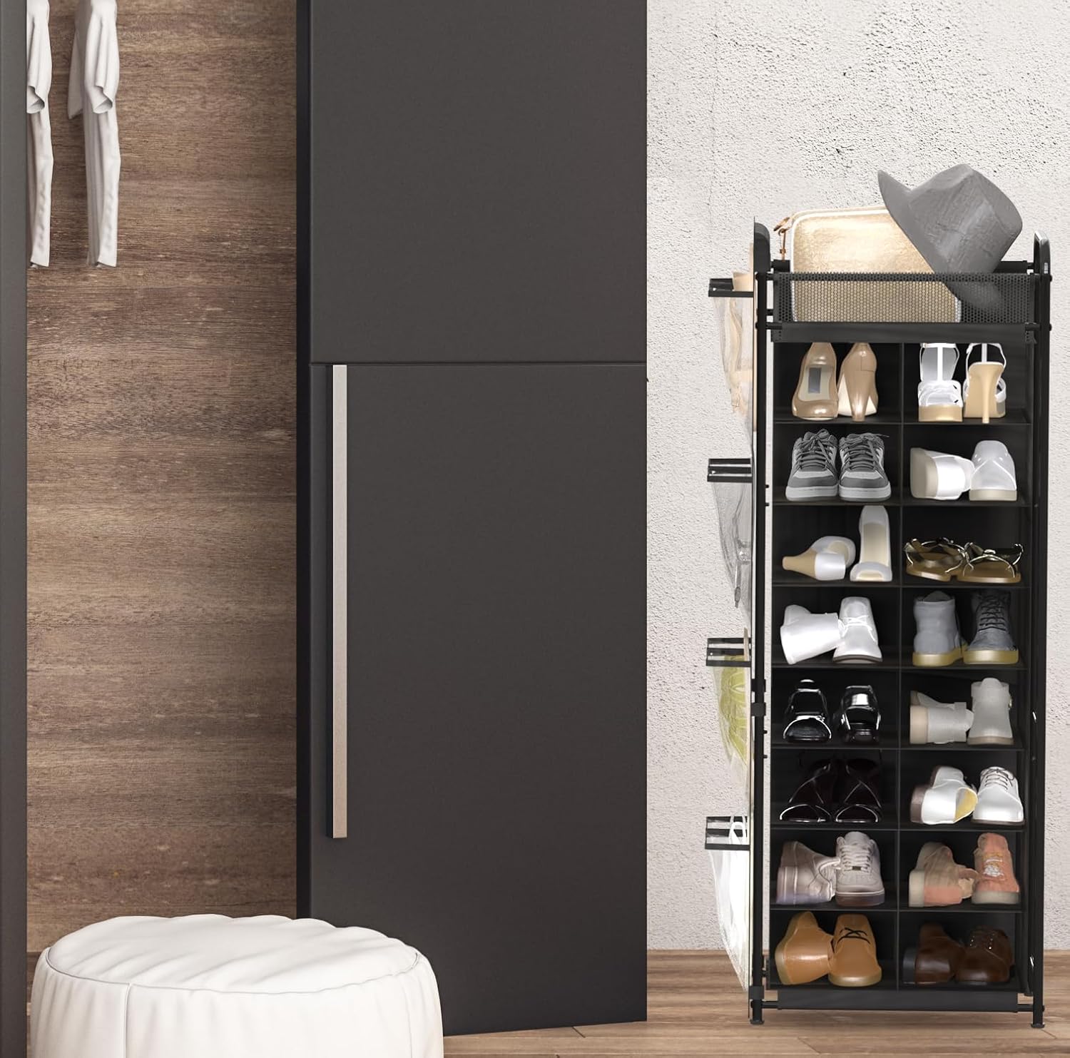 Simple Houseware 16-Cube Shoe Stand Tower Rack - 8-Tier Design with Top Shelf & Side Pockets, Black