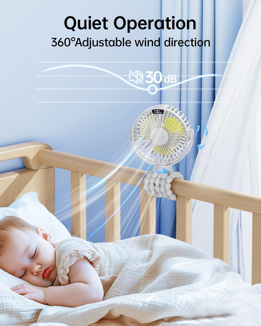Sweetfull Portable Stroller Fan - 4-Speed Rechargeable Mini Clip-On Fan with LED Display | 360° Rotation, Ideal for Baby Travel (White)