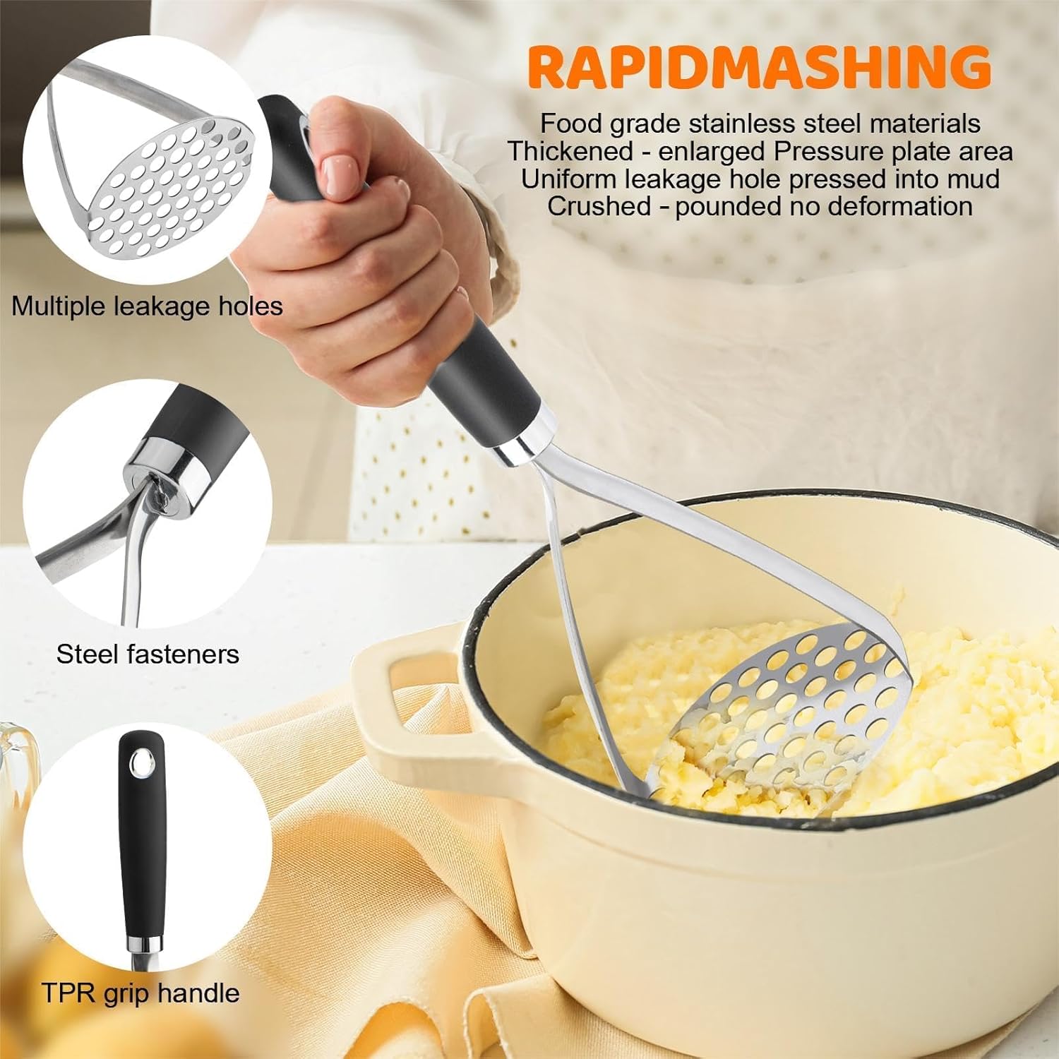 Skiennix Potato Masher Set - 2-Piece Stainless Steel Wire Masher for Perfectly Creamy Potatoes | Black