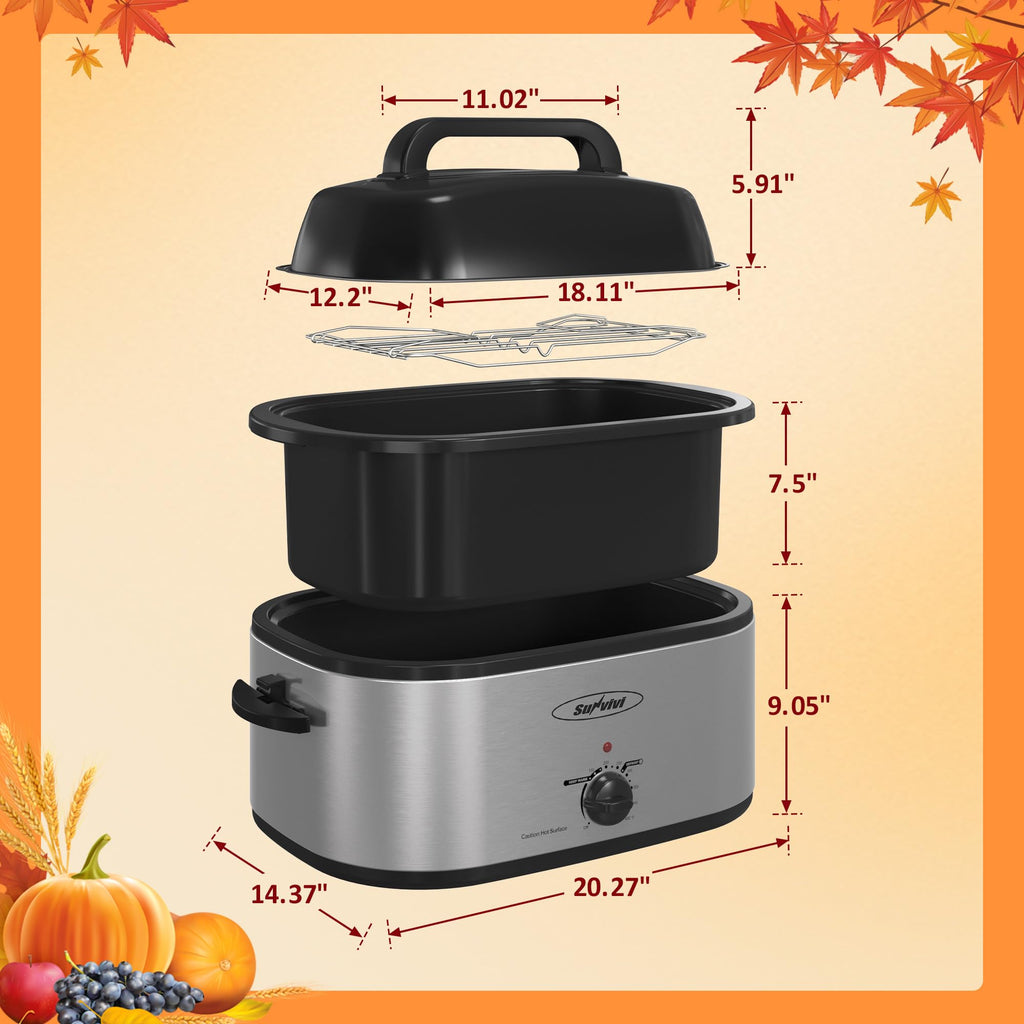 Sunvivi Roaster Oven, 24 Quart Electric Roaster Oven with Glass Lid, Turkey Roaster Buffet with Self-Basting Lid, Removable Pan, Cool-Touch Handles, Dark Blue