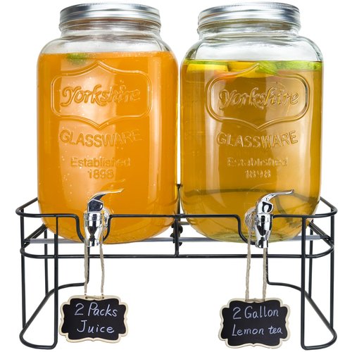 2 Gallon Larger Glass Drink Dispenser for Parties, 2 Packs Juice Lemonade Ice Tea Water Dispenser with Stand, HENABLE Beverage Dispensers with Spigot for BBQ, Picnic, Party