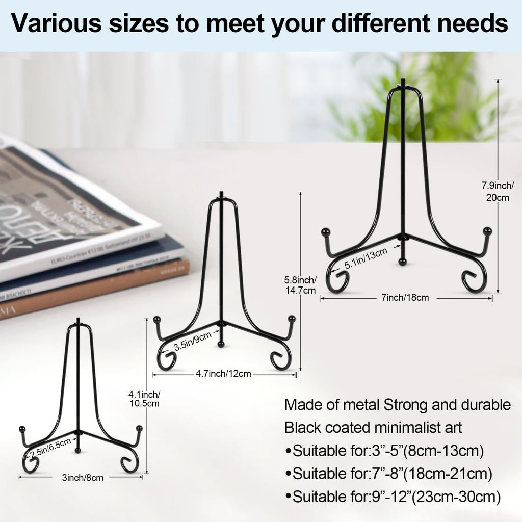 vivinin 6 Pack Plate Stands For Display (4 Inch, 6 Inch, 8 Inch), Plate Holder 3 Size Picture Frame Stand of Metal, Frame Holder Stand and Artworks for Book, Tabletop Art, Picture, Photo and Platter