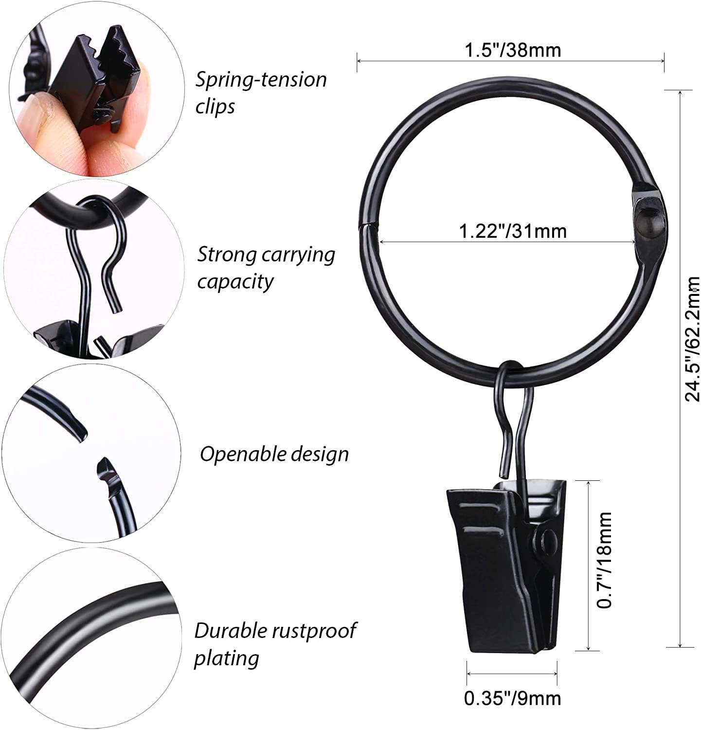 SPLF Metal Curtain Rings - Heavy Duty Rustproof Clips for Drapery | 36 Pack, 1.22 Inch Diameter, Black
