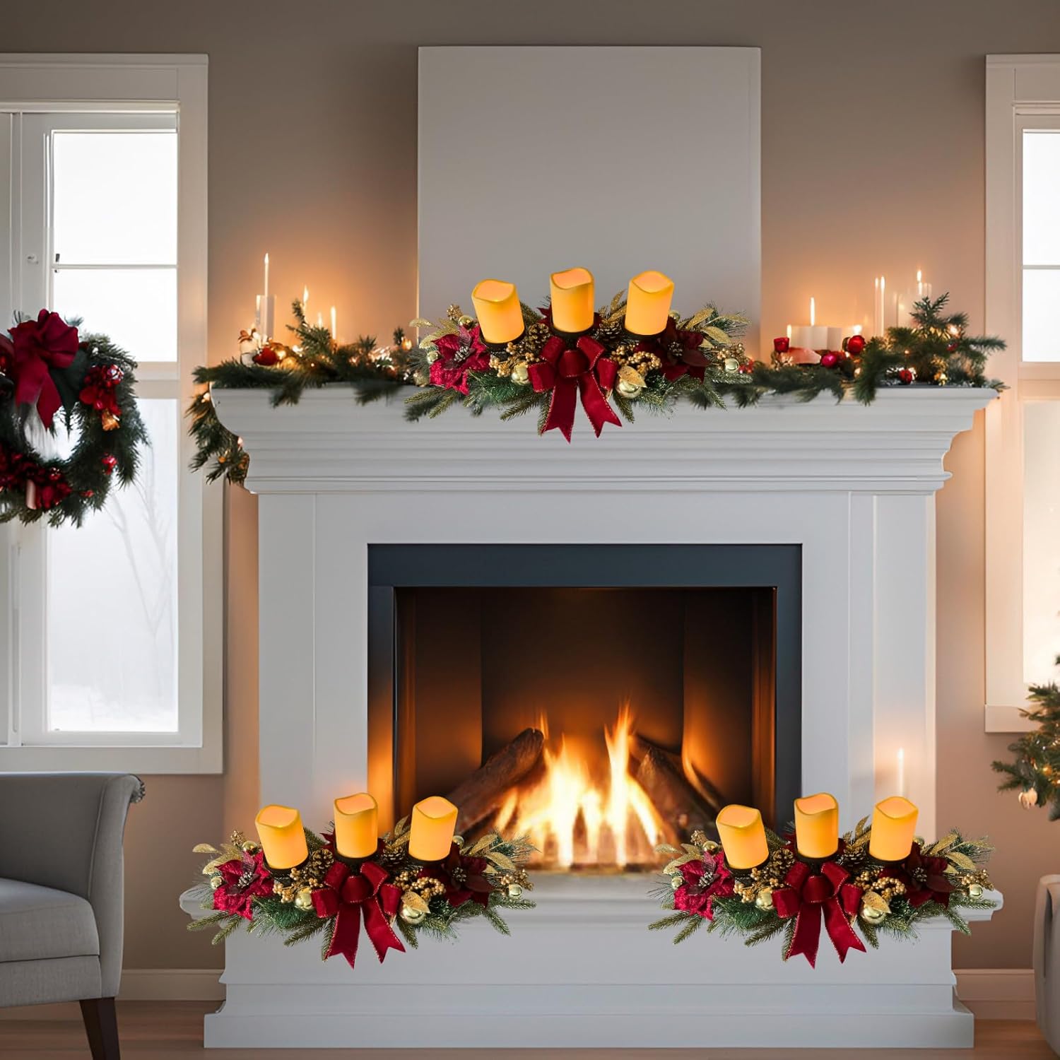 Svndlyn Christmas Candle Holders - Festive 3-Piece Set with Red Poinsettia, Golden Pine, and Berries for Table Centerpiece