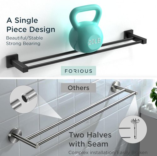 FORIOUS Double Towel Bar - 24 Inch Heavy Duty SUS304 Stainless Steel | Matte Black Finish